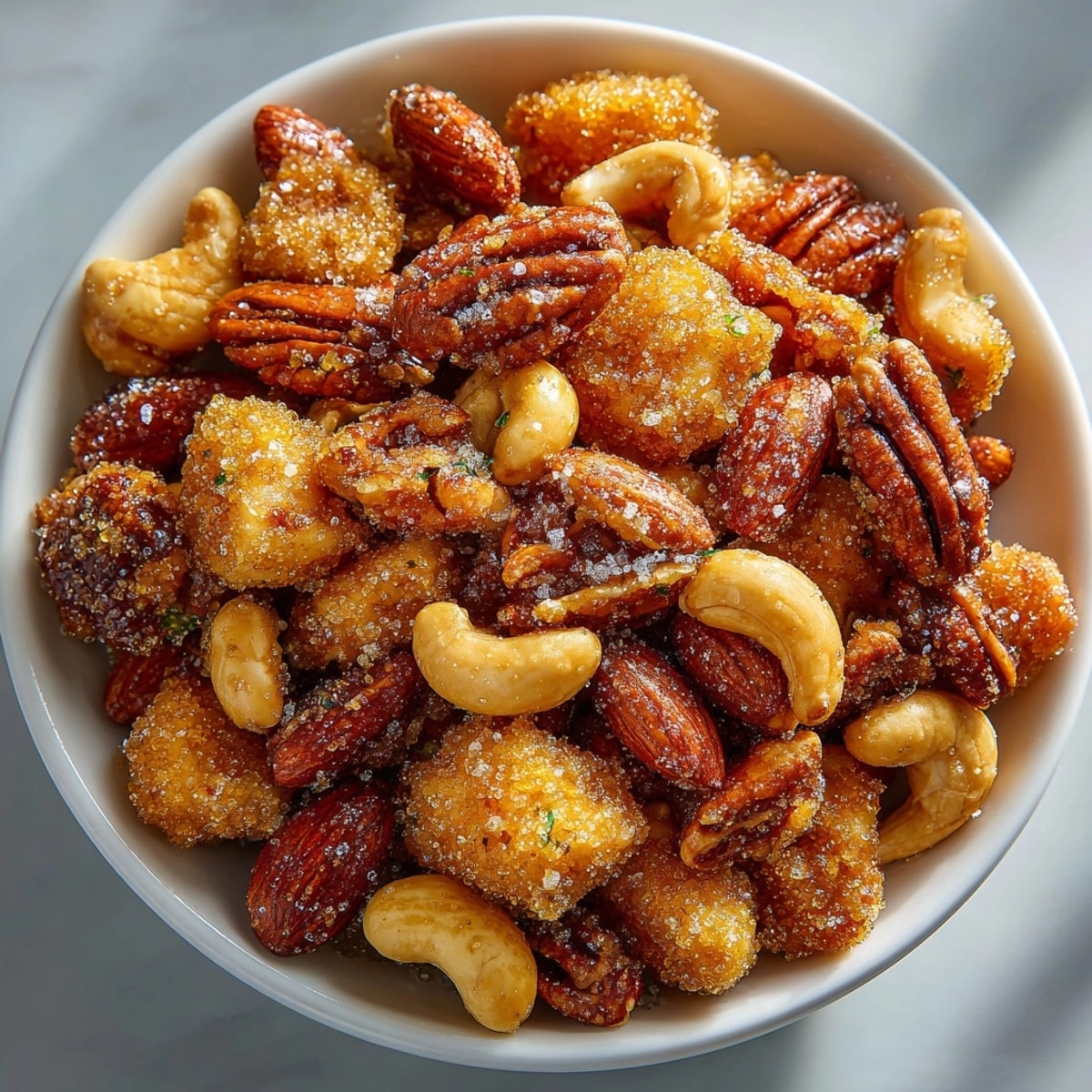 Homemade Cinnamon-Sugar Roasted Nuts recipe, showing the simple ingredients before baking in the oven.