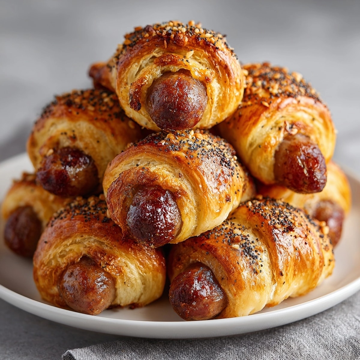 Golden-brown, flaky Everything Bagel Pigs in a Blanket, fresh from the oven, sprinkled.