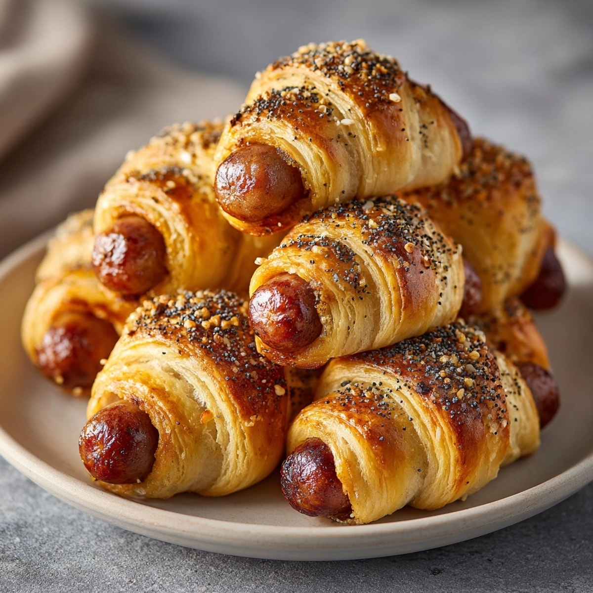Close-up on delicious, bite-sized Everything Bagel Pigs in a Blanket with dipping sauce.