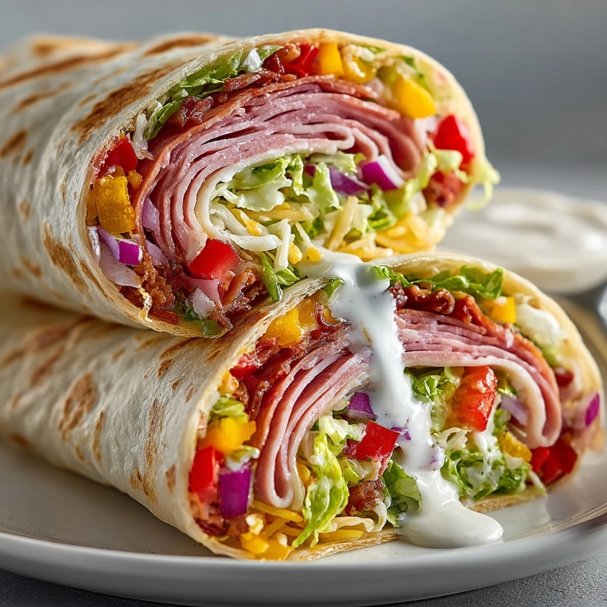 Close up of a colorful and delicious Italian Grinder Salad Wrap, ready to eat.