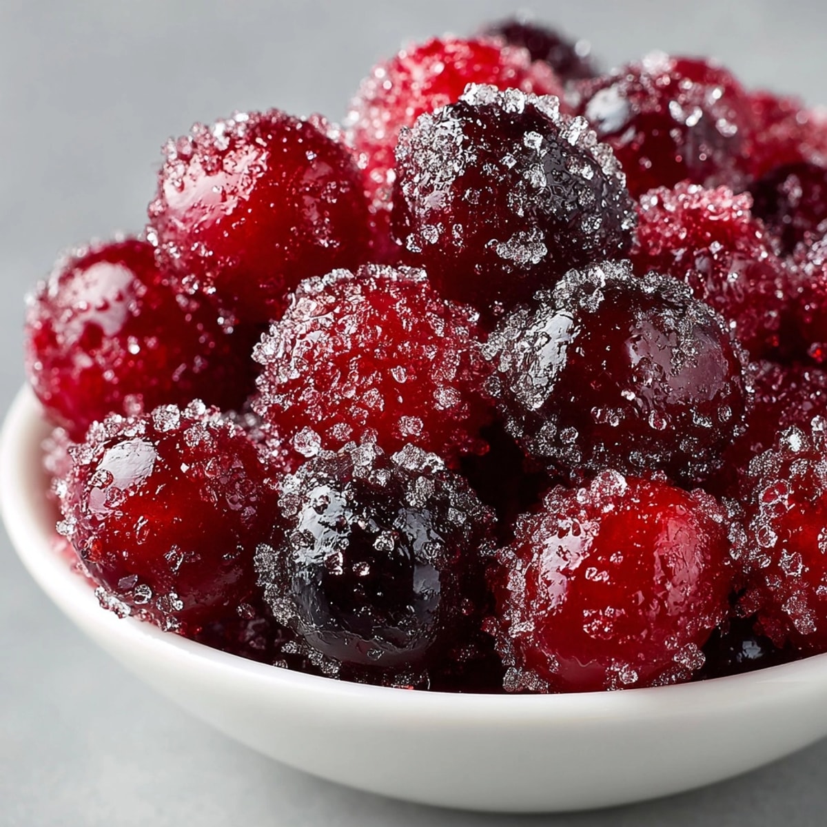 Close-up shows glistening Candied Cranberry Snack, their sweet coating sparkling like holiday jewels.