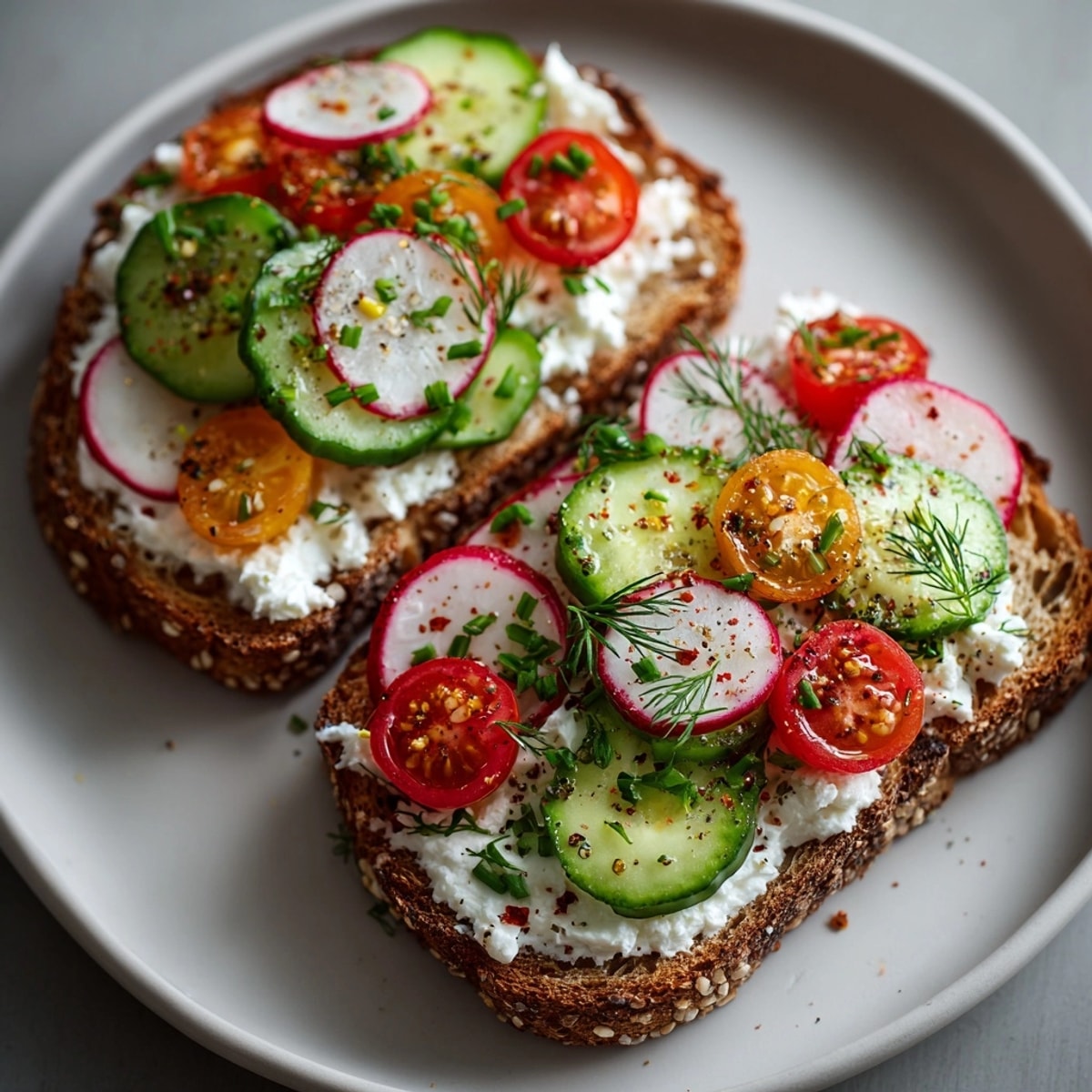 Creamy cottage cheese toast with crisp veggies and fresh herbs, a light, savory bite.