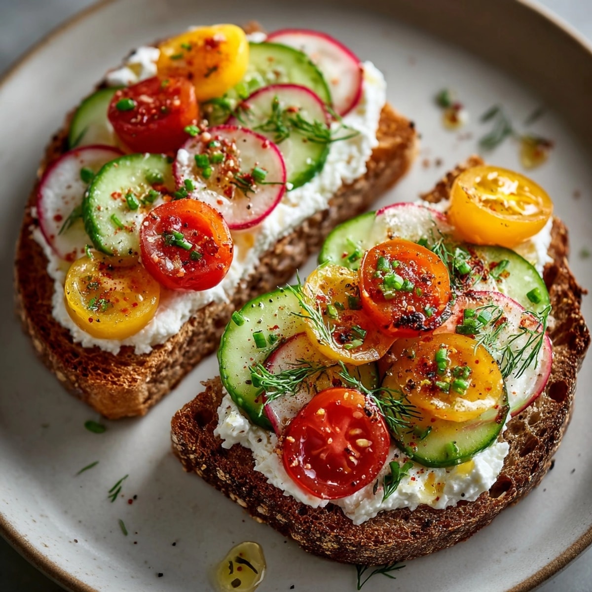 Making homemade cottage cheese toast: toasted bread topped with cool, tangy cheese and herbs.