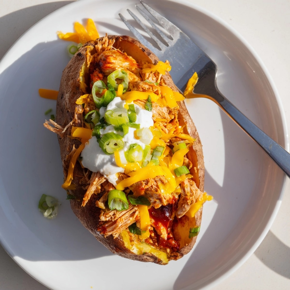Golden-brown Pulled Pork Stuffed Baked Potatoes, oozing cheese and tangy BBQ sauce.