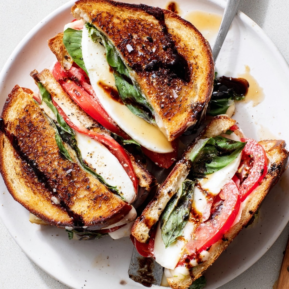 Golden Caprese Grilled Cheese with melted mozzarella, ripe tomatoes, balsamic, ready to eat.