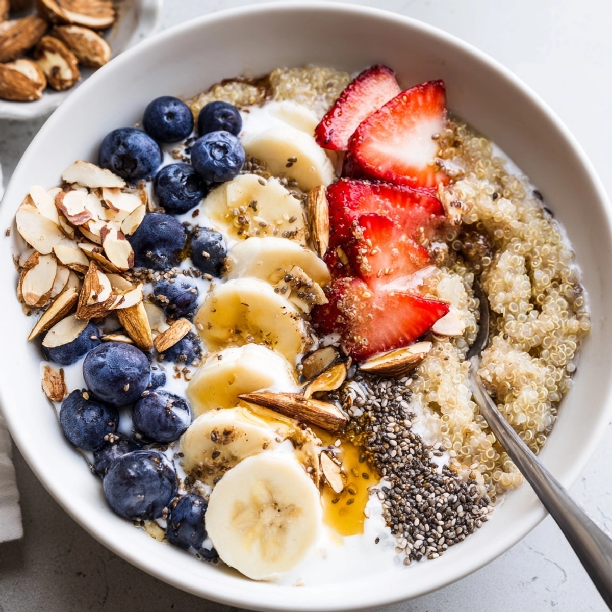 Golden Quinoa Breakfast Bowl with berries, banana, nuts, and honey drizzled for sweetness.