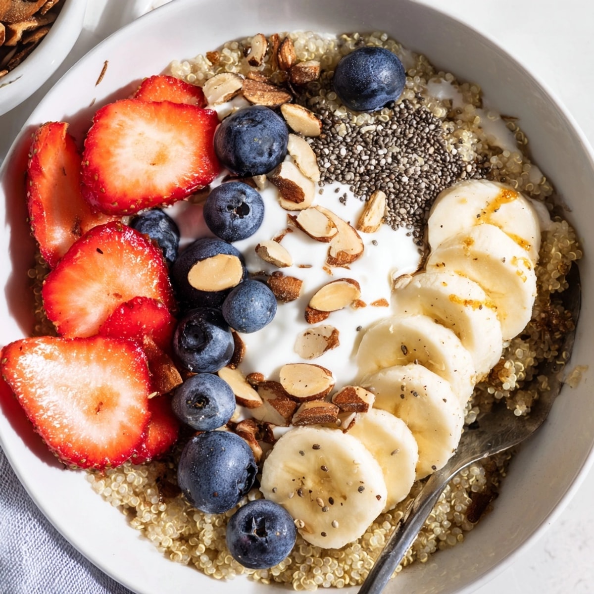 Overhead view of a vibrant Quinoa Breakfast Bowl, sprinkled with cinnamon and chia seeds.