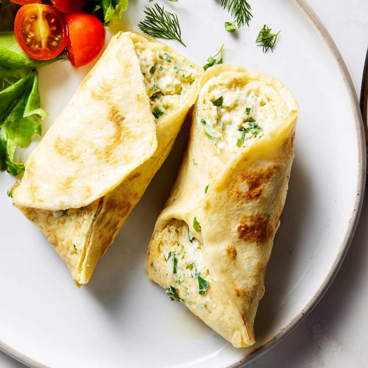 Fluffy Ricotta Herb Omelette Wraps ready to eat, nestled on a plate with salad.