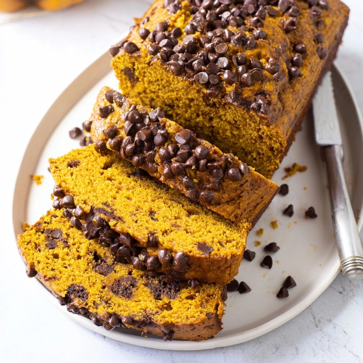 Warm, spiced Protein Pumpkin Chocolate Chip Loaf slices, ready for a healthy breakfast.