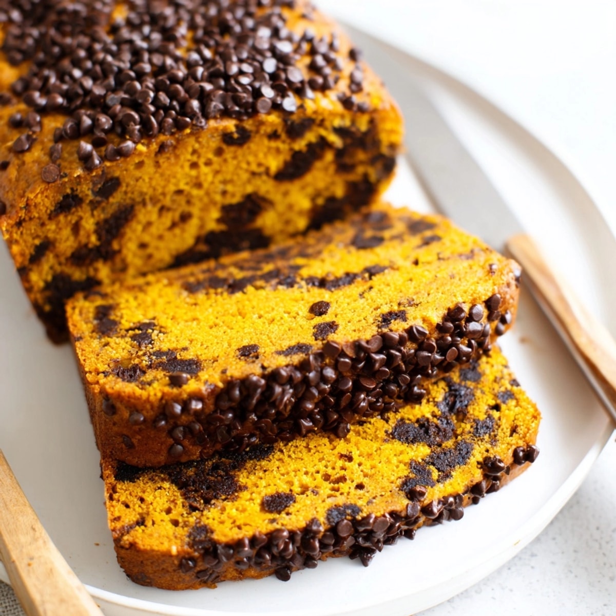 Golden-brown Protein Pumpkin Chocolate Chip Loaf with melted chocolate; a comforting bake.