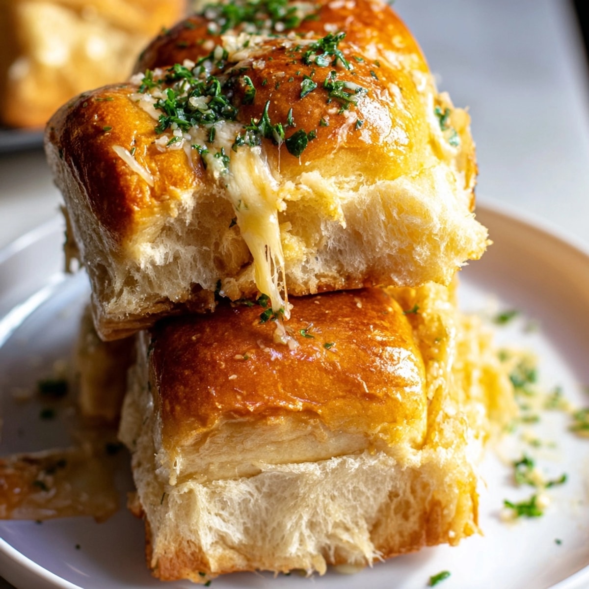 Golden brown Garlic Butter Stuffed Hawaiian Rolls, oozing with melted cheese, ready to serve.