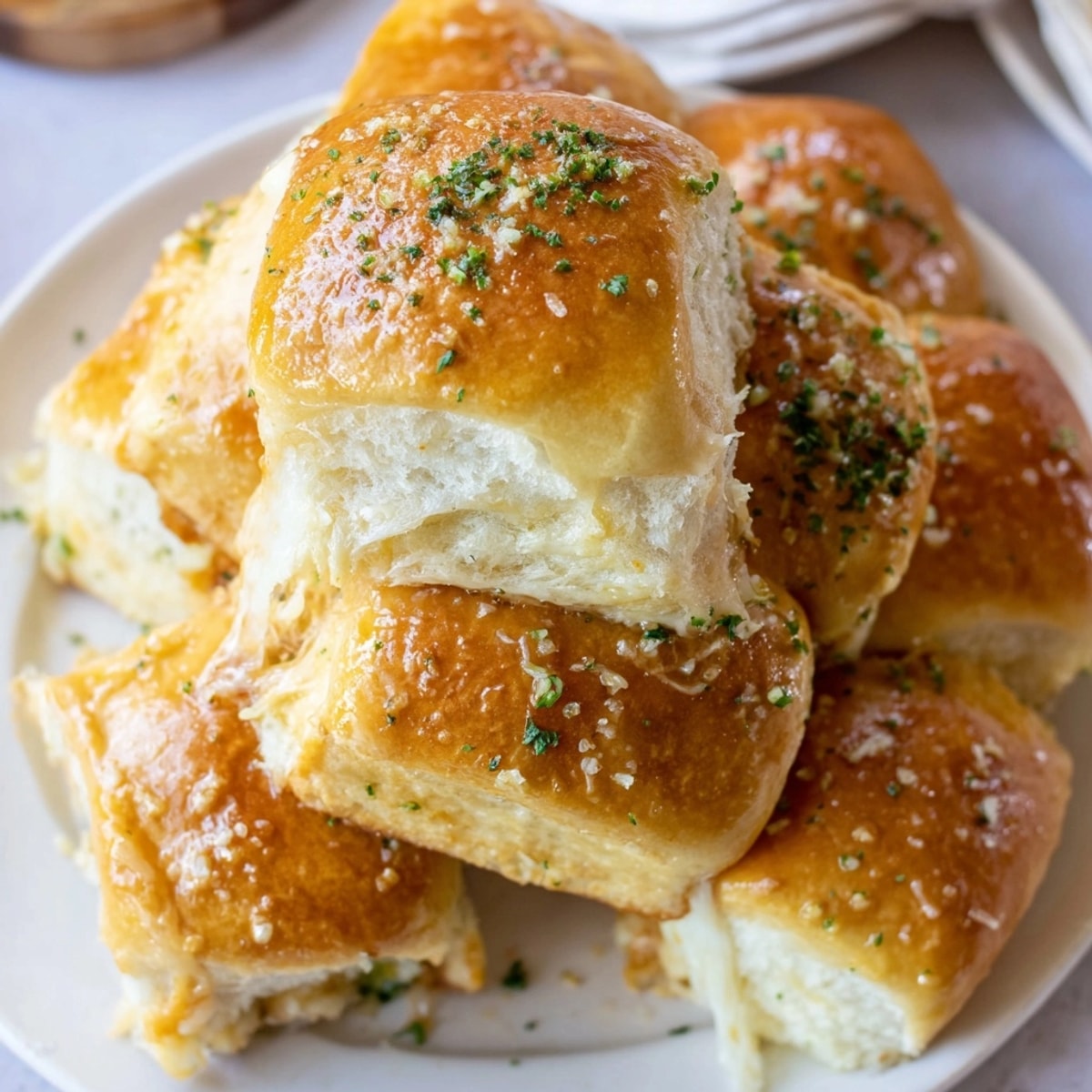Warm Garlic Butter Stuffed Hawaiian Rolls with savory garlic butter, perfect for sharing at parties.
