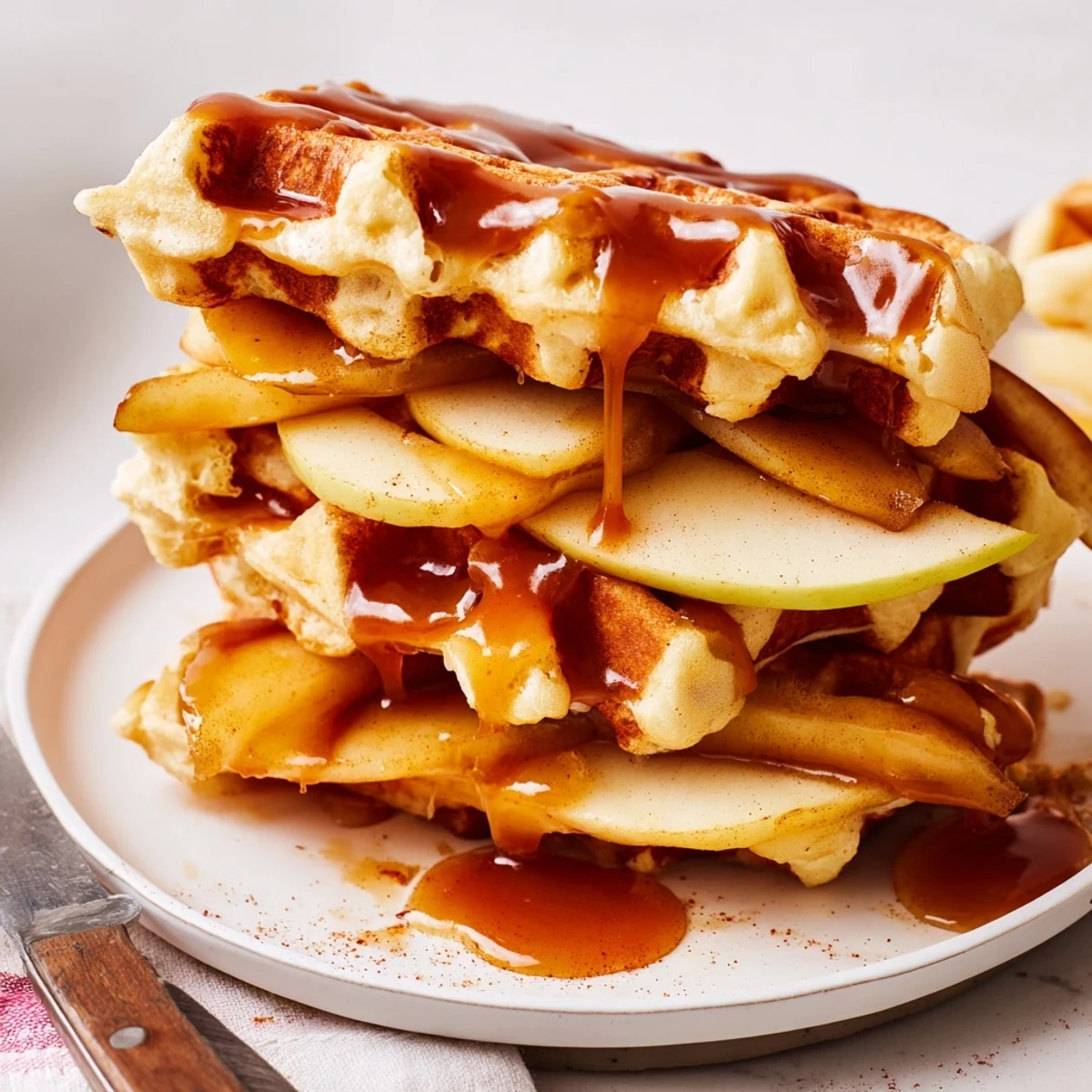 Delicious caramel apple waffle sandwiches, crispy and filled with gooey caramel goodness.  