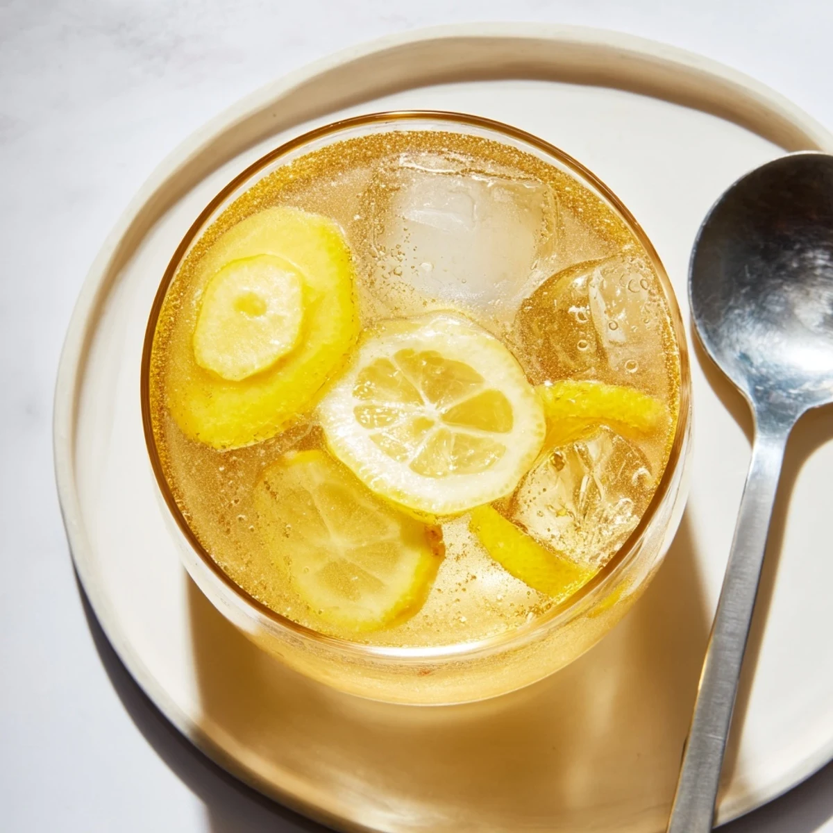 Refreshing Maple Ginger Sour mocktail garnished with lemon wheels and fresh ginger.  