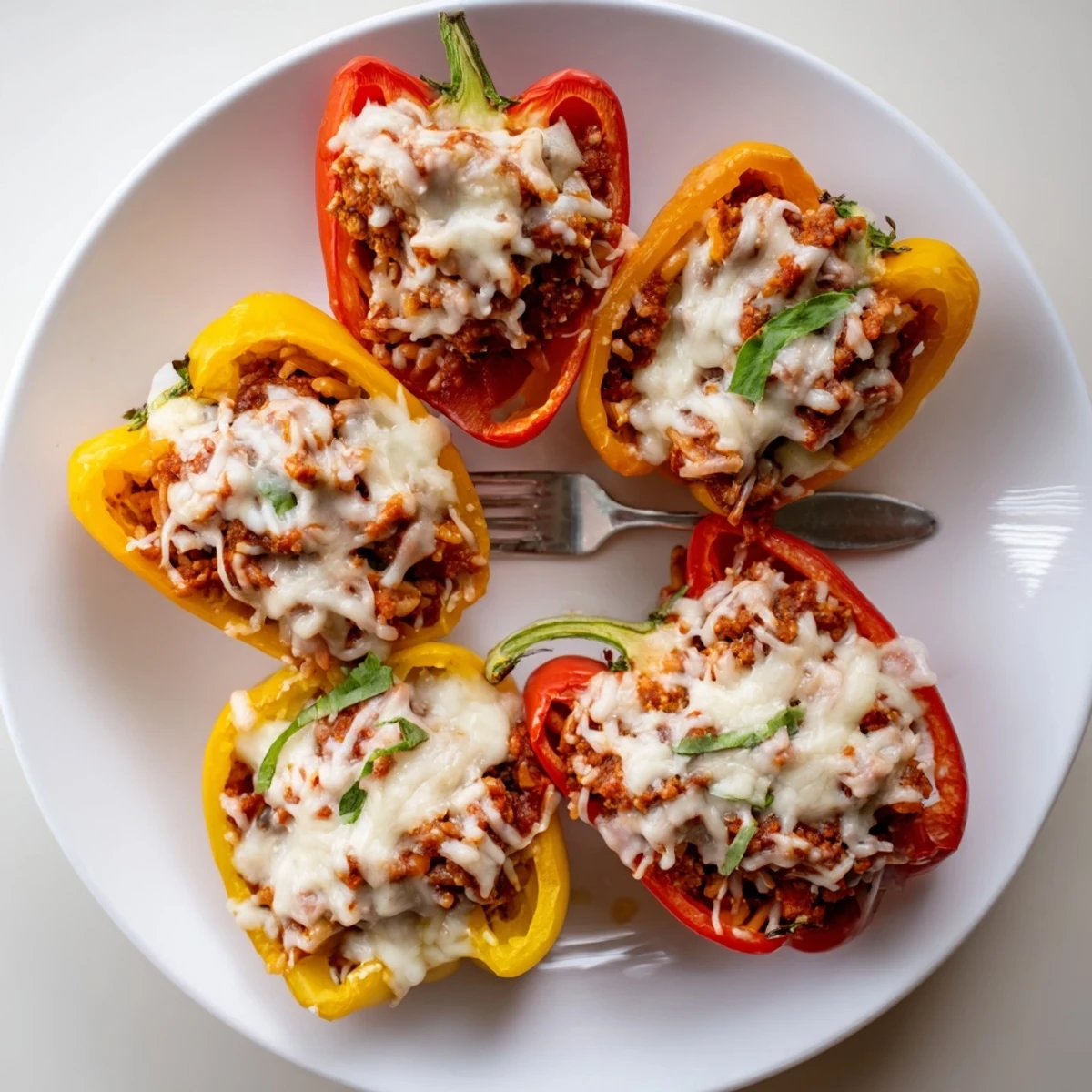 Colorful mini peppers stuffed with hearty lasagne soup and melted cheese.