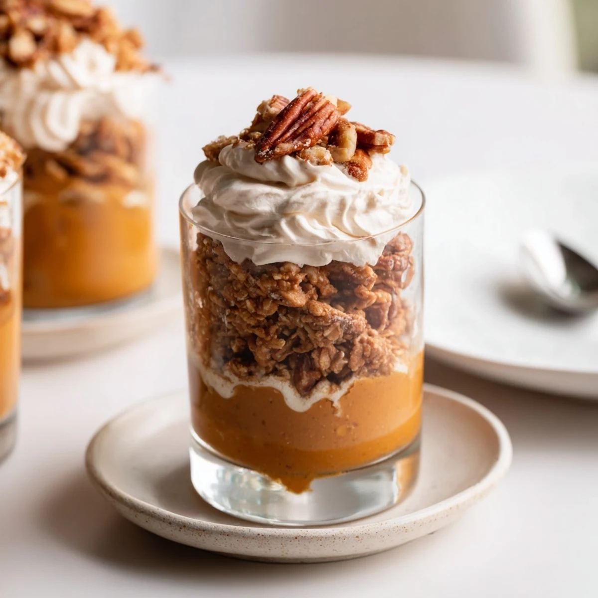 Creamy Thanksgiving vegan sweet potato dessert cups topped with crunchy pecan crumble and whipped cream.