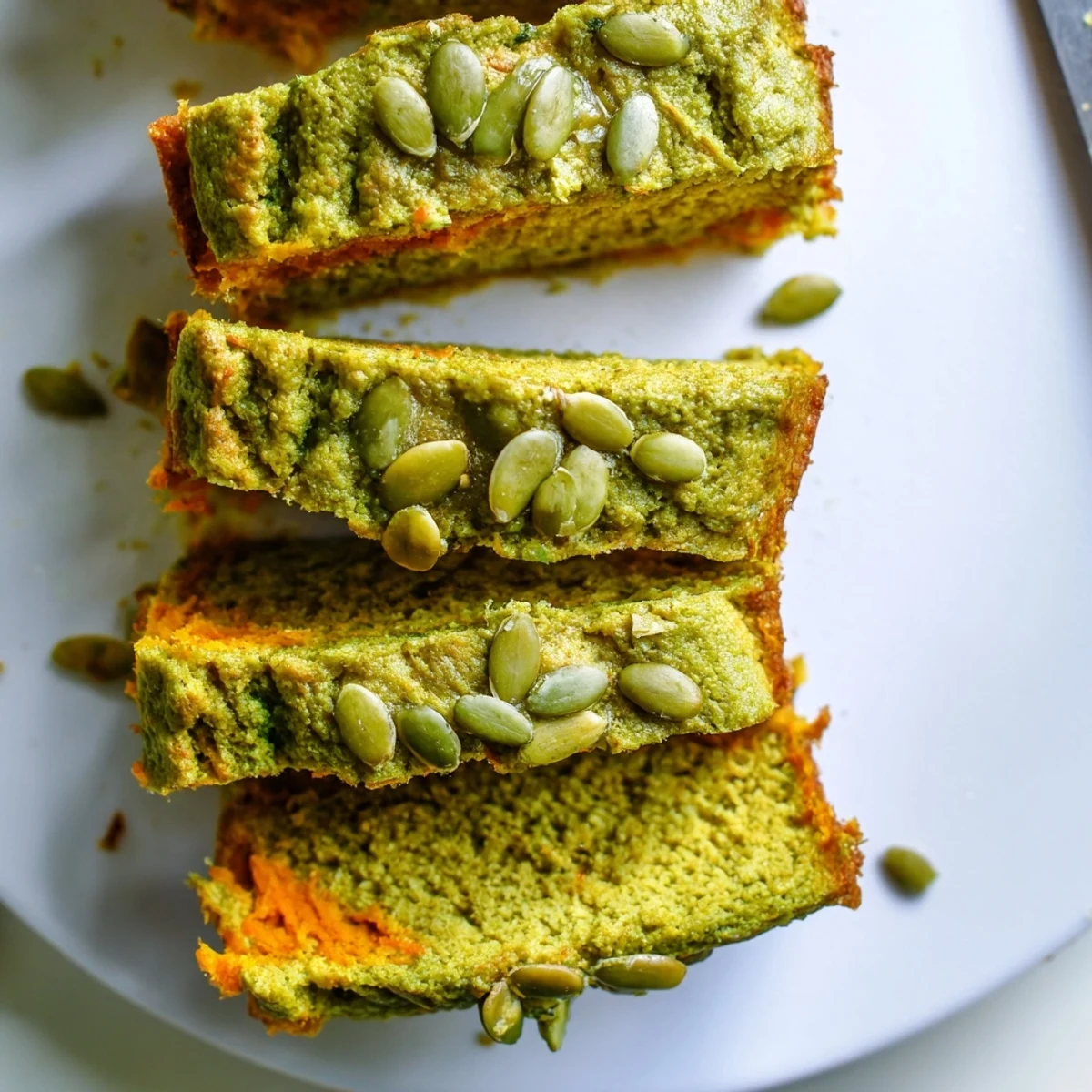 Moist matcha pumpkin muffin mini loaves topped with crunchy pumpkin seeds, perfect for breakfast.