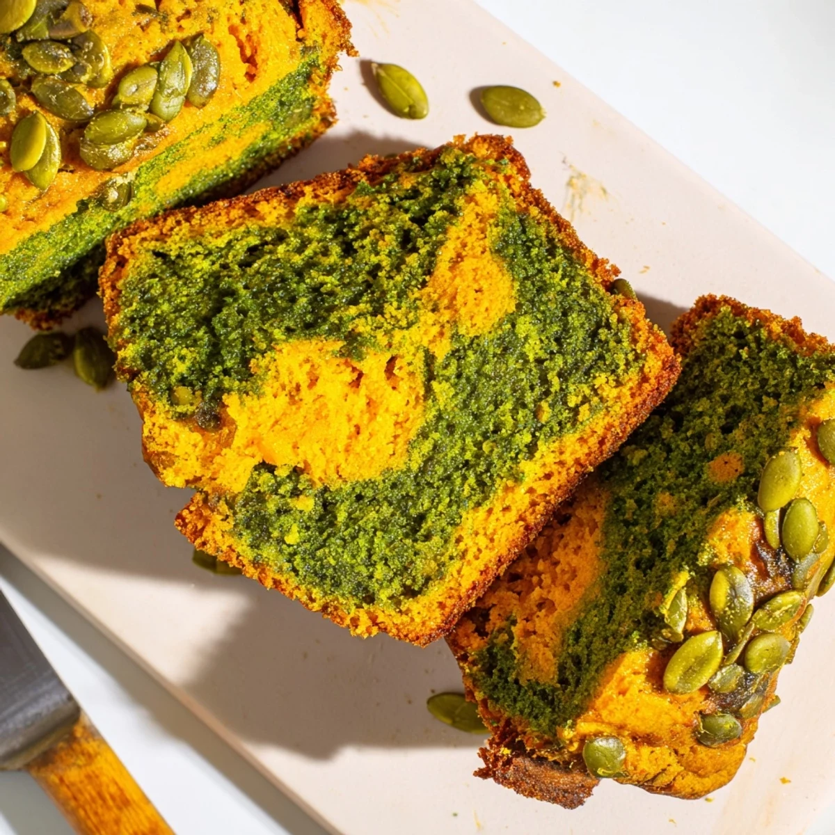 Vibrant matcha pumpkin muffin mini loaves cooling on a wire rack, inviting and delicious.