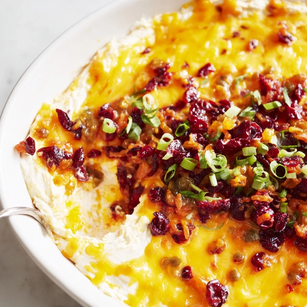 A creamy cranberry jalapeño dip cheddar melt topped with bubbly cheese, perfect for parties.  