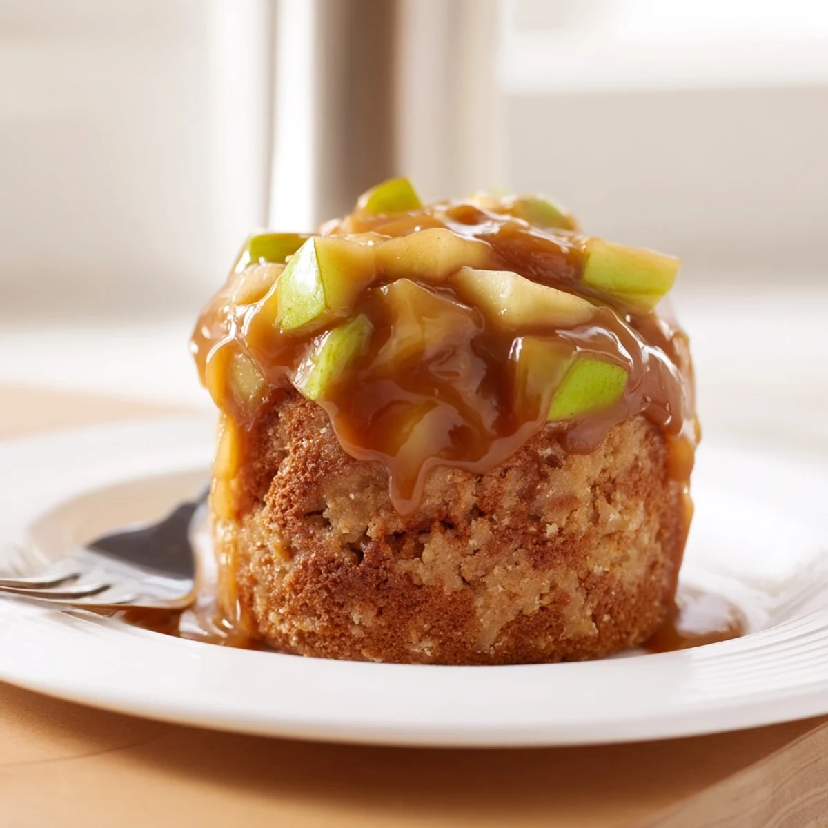Moist Caramel Apple Upside Down Muffins topped with sweet, gooey apples and caramel.  