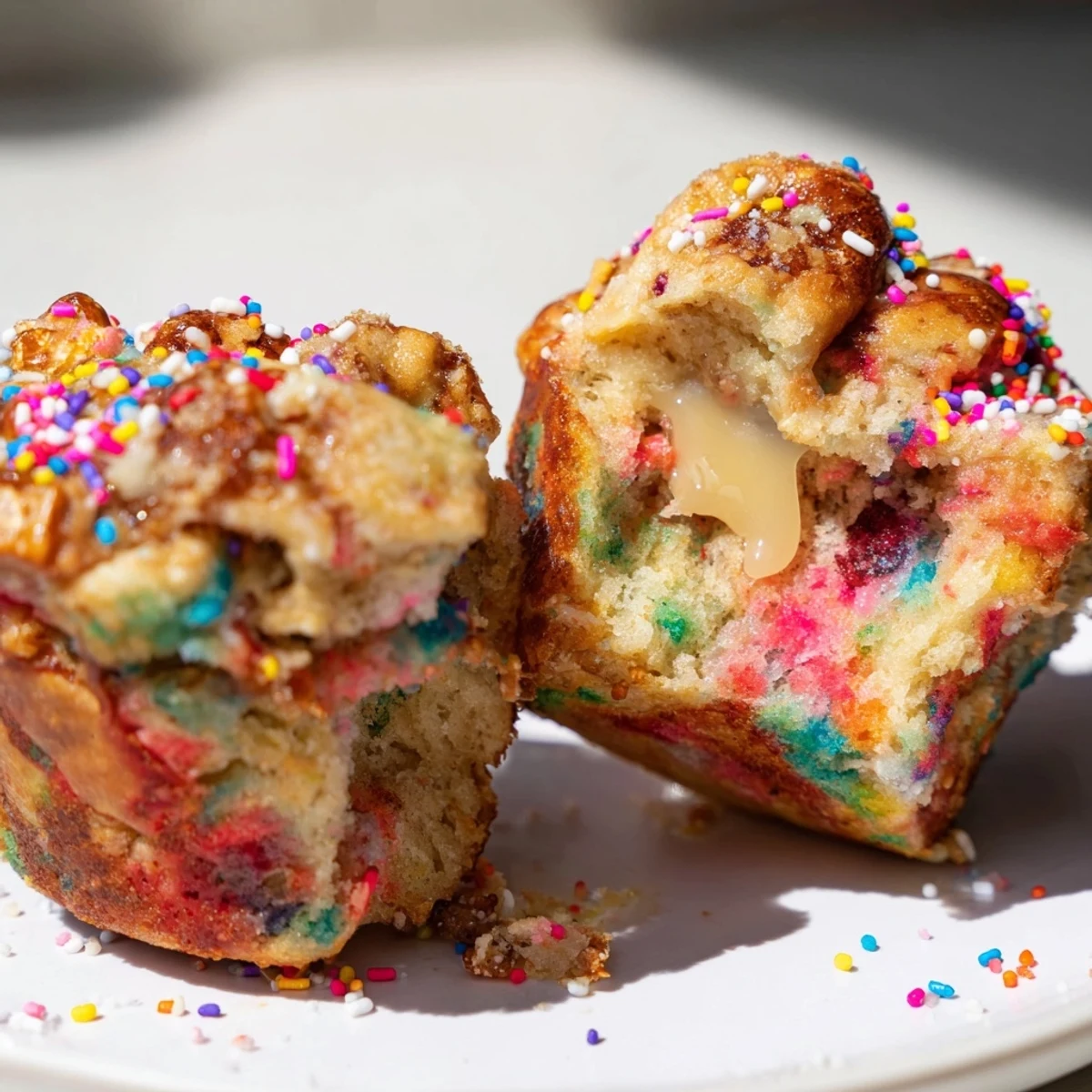 Colorful Funfetti Soda Pretzel Monkey Muffins topped with sweet sprinkles and crunchy bits.  