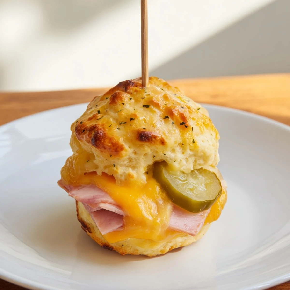 Cheesy Pickle Ham Biscuit Pops served on a stick with melted butter glaze.