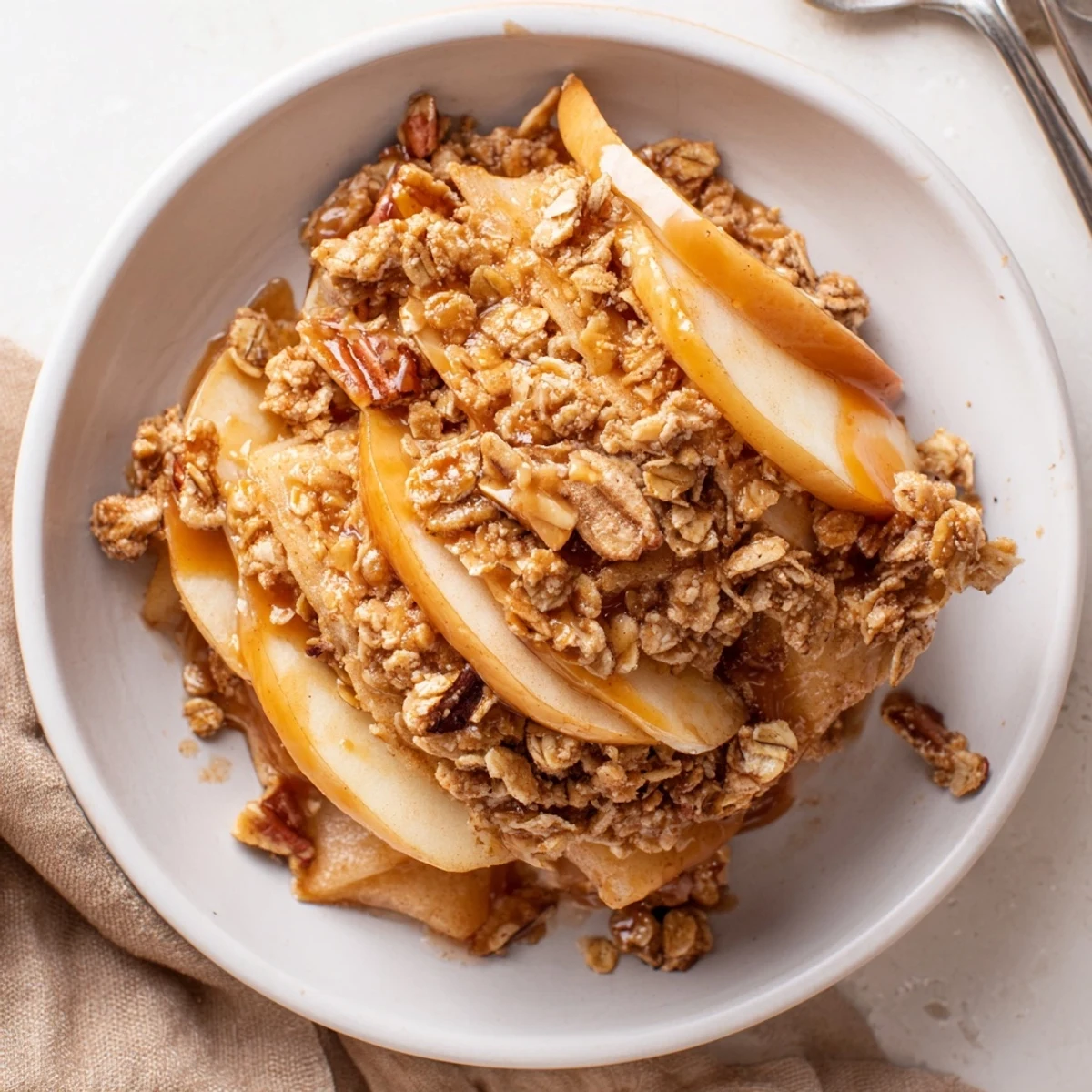 Luscious Maple Bourbon Caramel Apple Crunch topped with crisp oat and pecan goodness.  