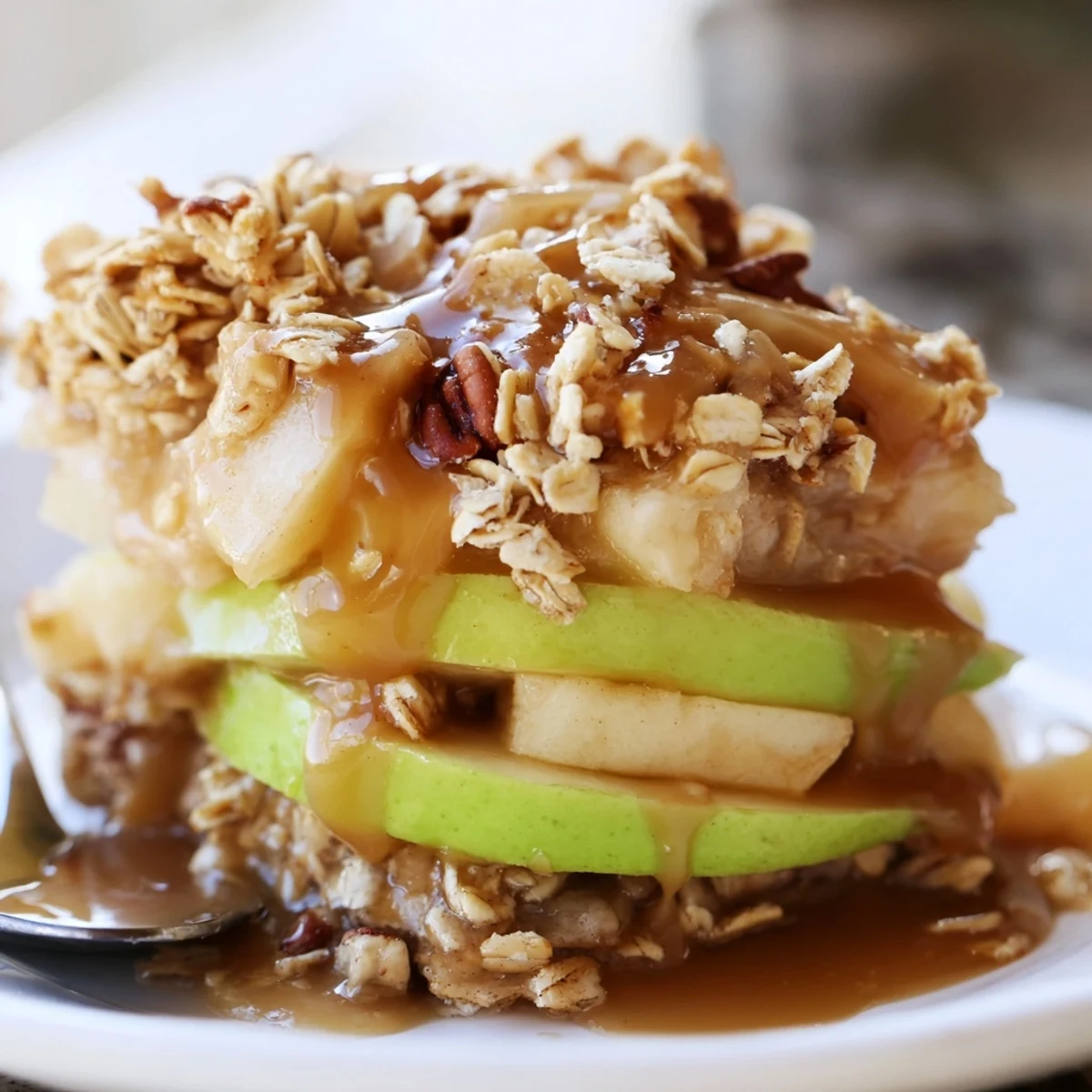 Delicious Maple Bourbon Caramel Apple Crunch baked until golden brown and irresistible.