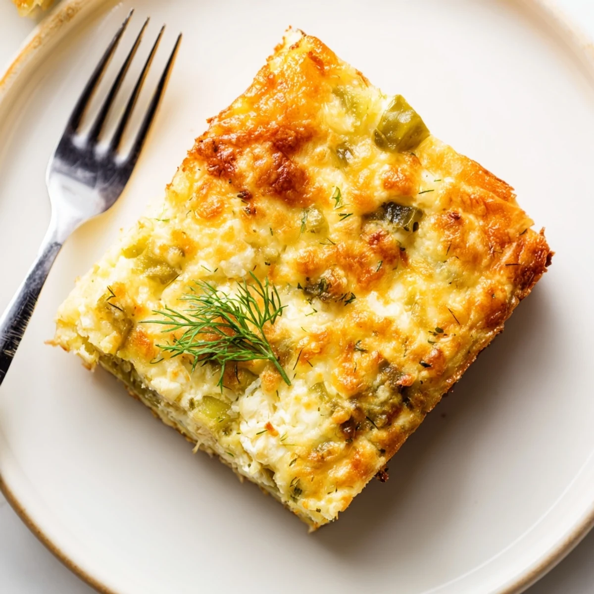 Fluffy Dill Pickle Casserole Pancake Squares topped with melty cheese and fresh herbs.  