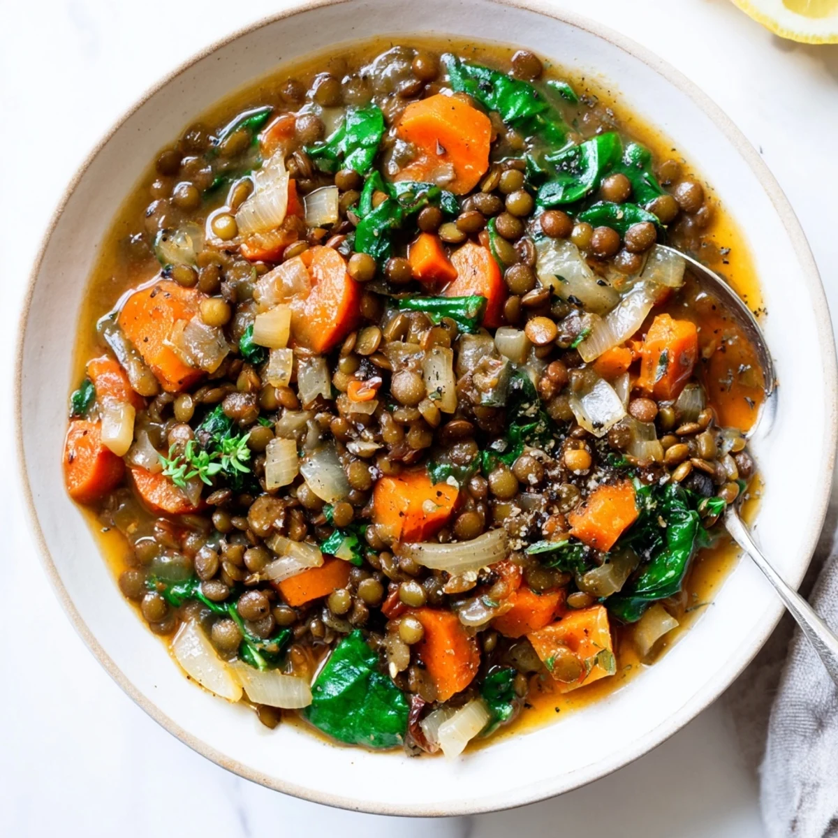 Vibrant Quick Vegan Lentil Stew simmering with fresh vegetables and fragrant spices.  