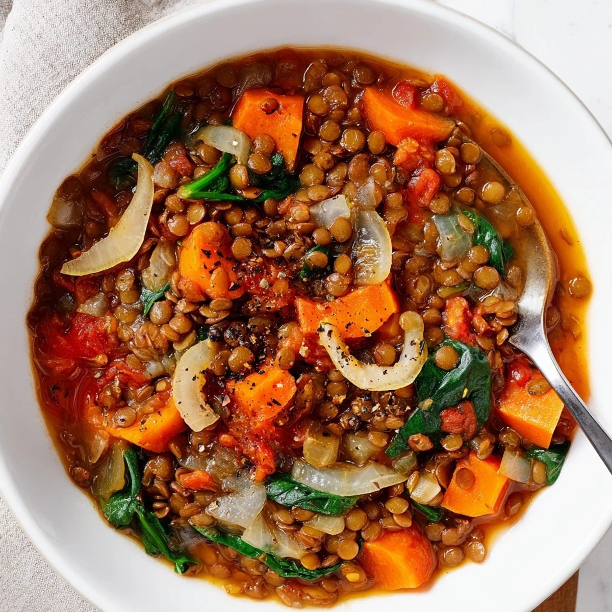 Delicious Quick Vegan Lentil Stew served in a bowl, perfect for cozy dinners.  