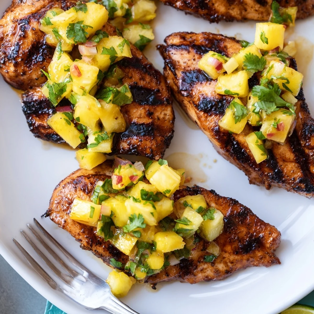 Tender Tropical Pineapple Salsa Chicken infused with citrus and served on a warm plate.