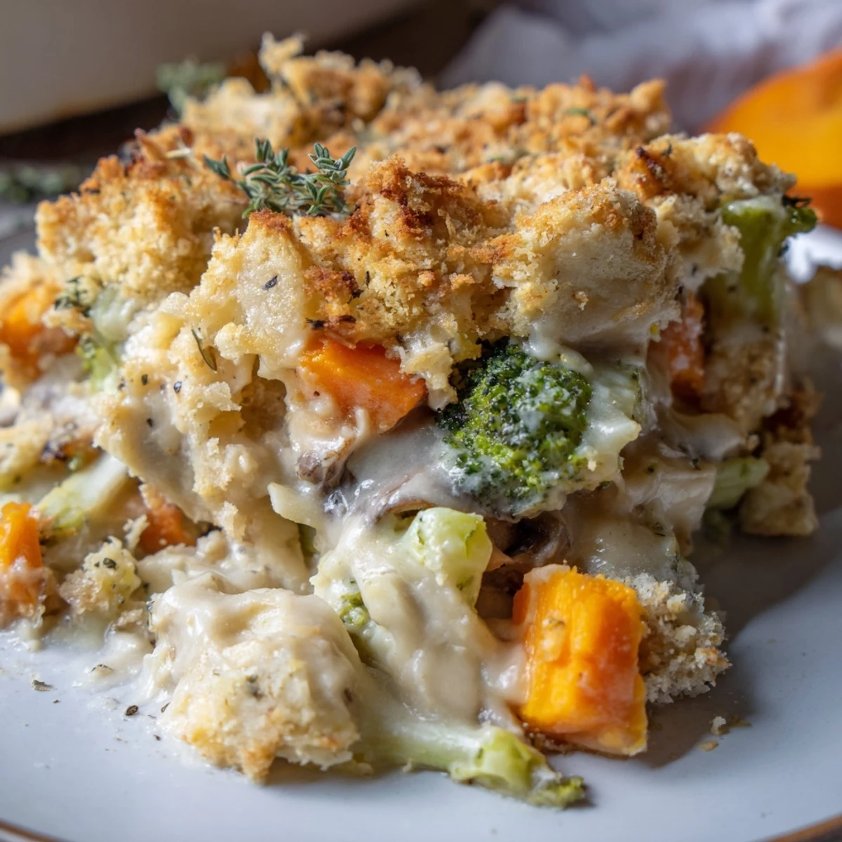 Cozy creamy winter vegetable casserole topped with crunchy breadcrumbs, perfect for chilly nights.  