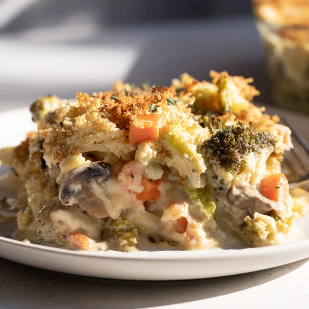 Warm and comforting creamy winter vegetable casserole, ideal for family dinners or gatherings.