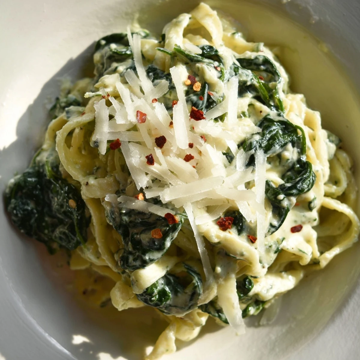 Lighter Fettuccine Alfredo with Spinach, creamy Greek yogurt sauce and fresh spinach blend beautifully.