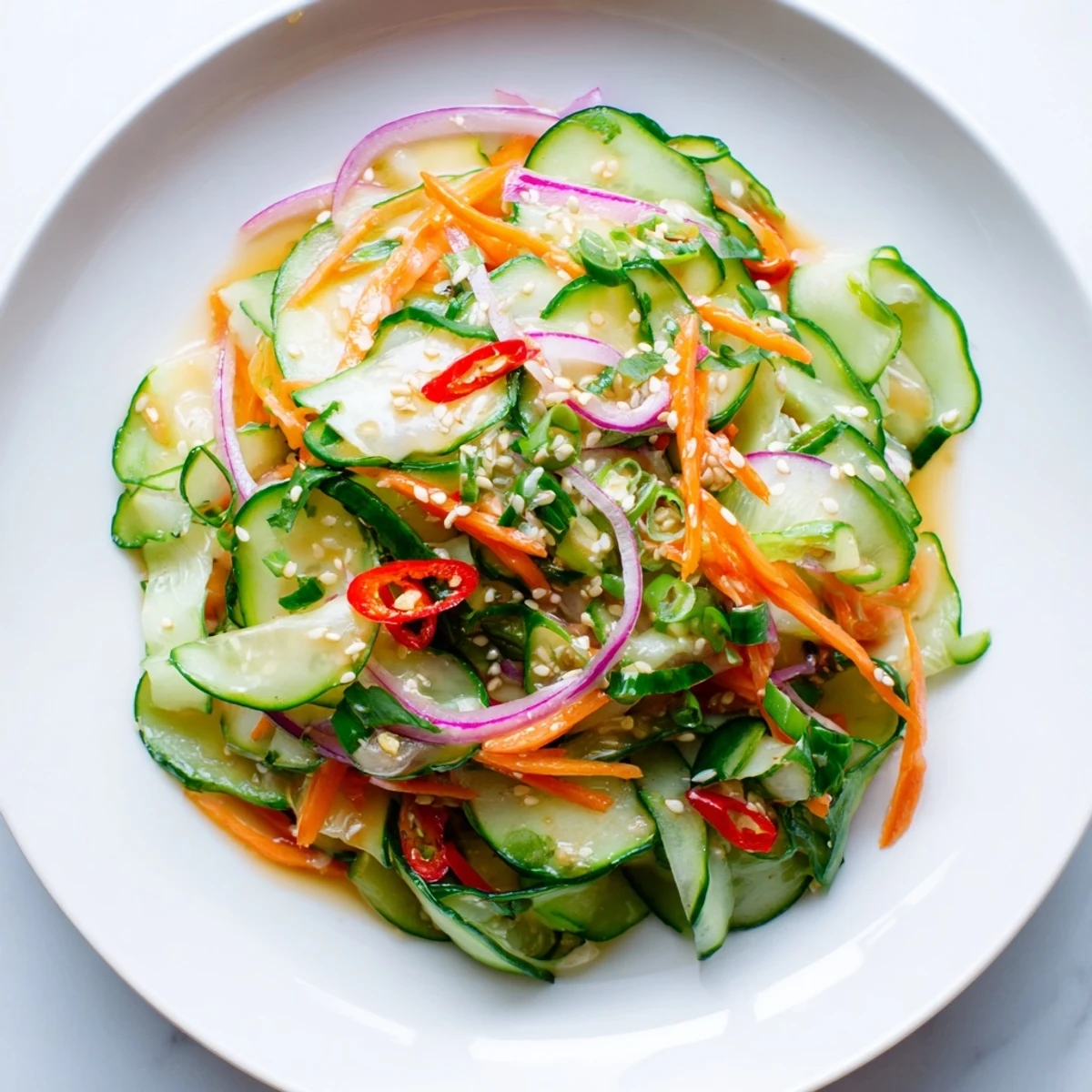 Vibrant cucumber salad remix with sesame oil and tangy fish sauce dressing.  