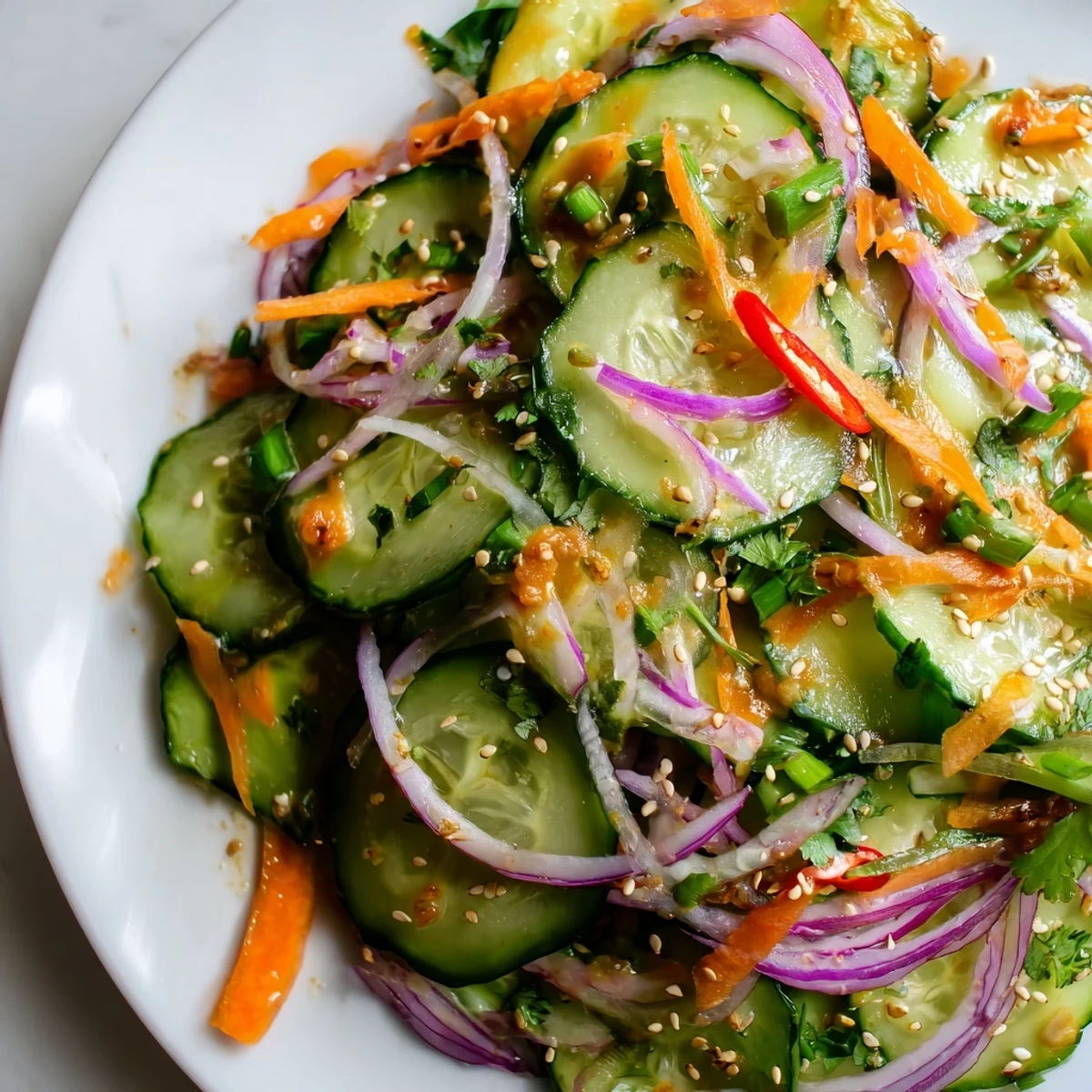 Refreshing cucumber salad remix topped with toasted sesame seeds and fresh cilantro.  