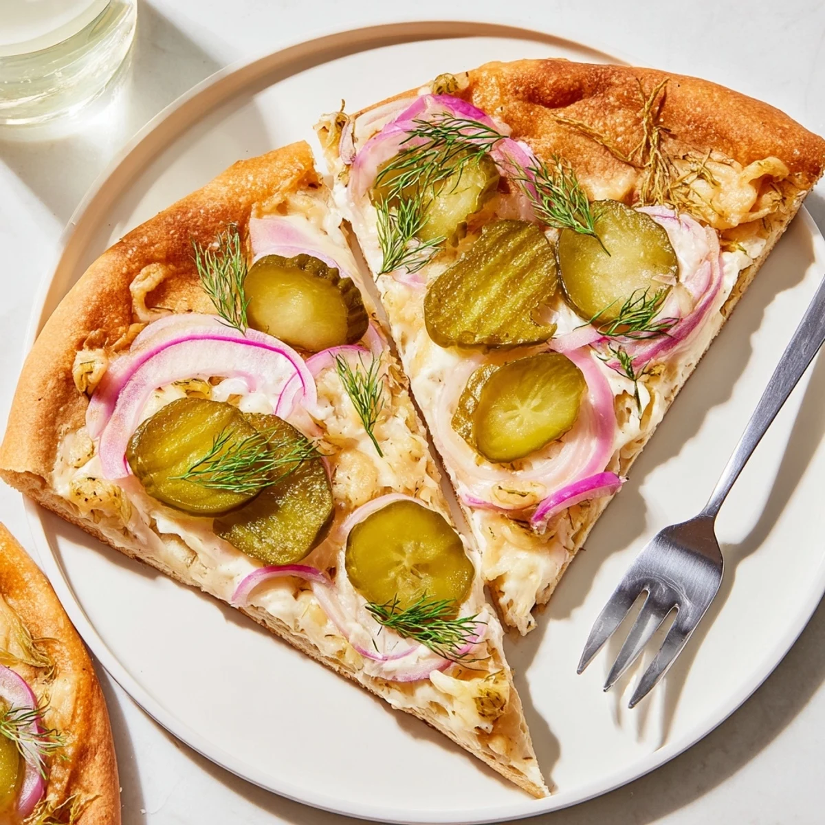 A deliciously unique pickle pizza drizzled with crème fraîche and fresh herbs.  