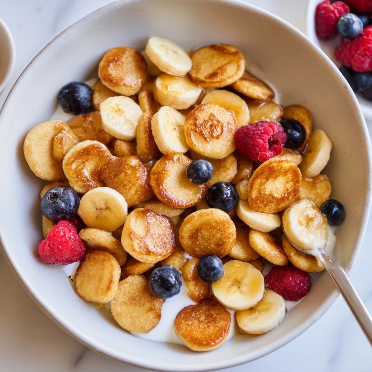 Adorable mini pancake cereal topped with fresh berries and syrup for breakfast.  