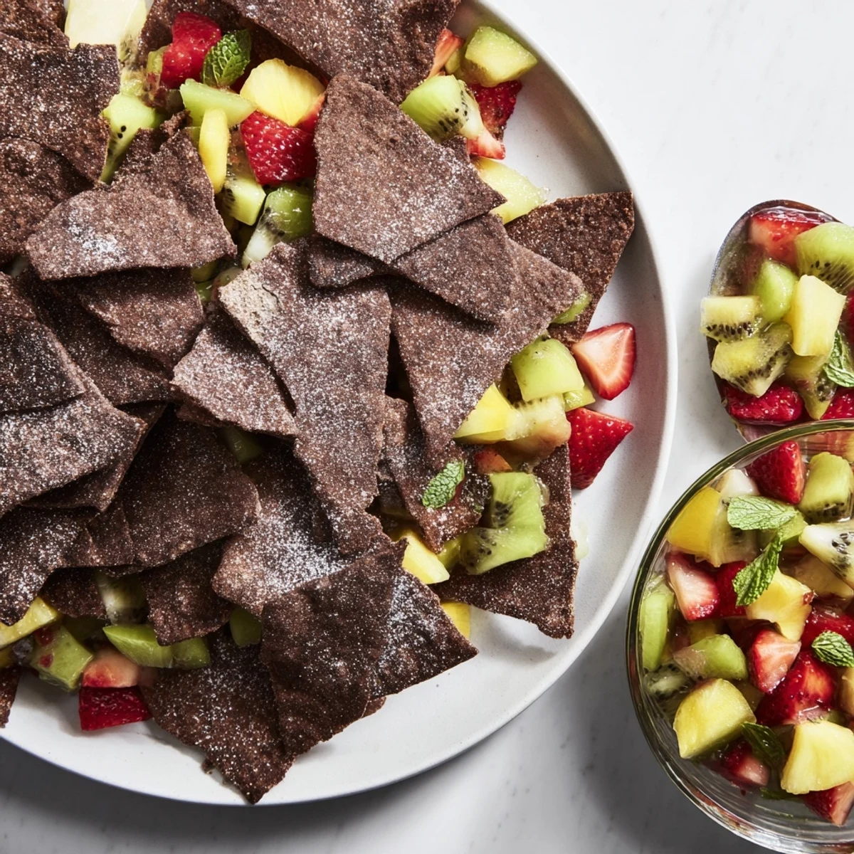 Crispy chocolate tortilla chips paired with fresh fruit salsa, a festive dessert twist.  