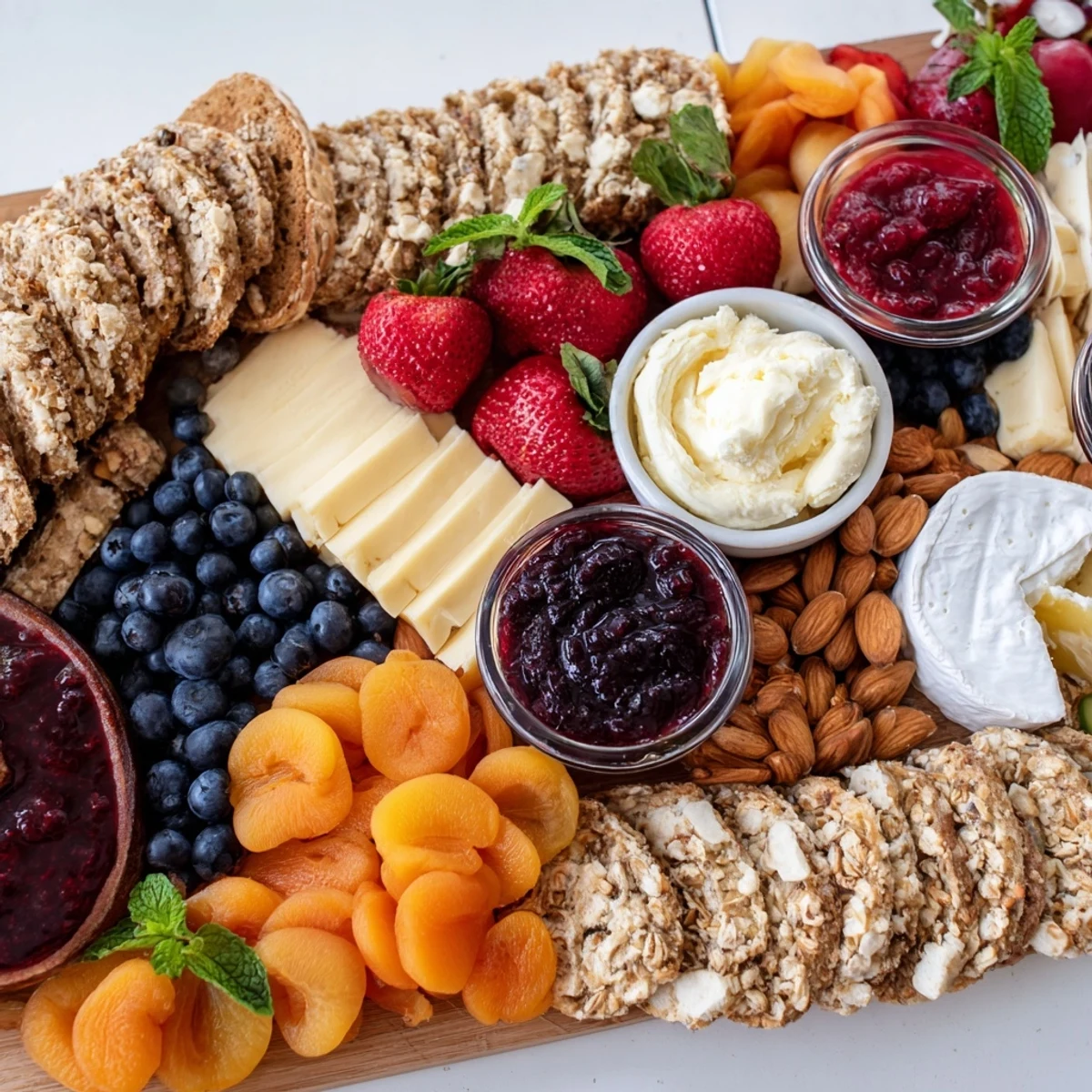 A colorful jam-infused brunch board with fresh fruits and artisan cheeses.  