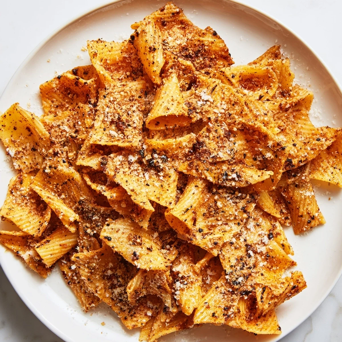 Crispy pasta chips seasoned variety, perfect for dipping or snacking on game day.  