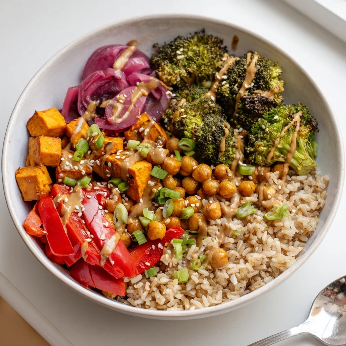 Vibrant Bold Sauce Drizzle Bowls topped with roasted veggies and chickpeas await your enjoyment.  