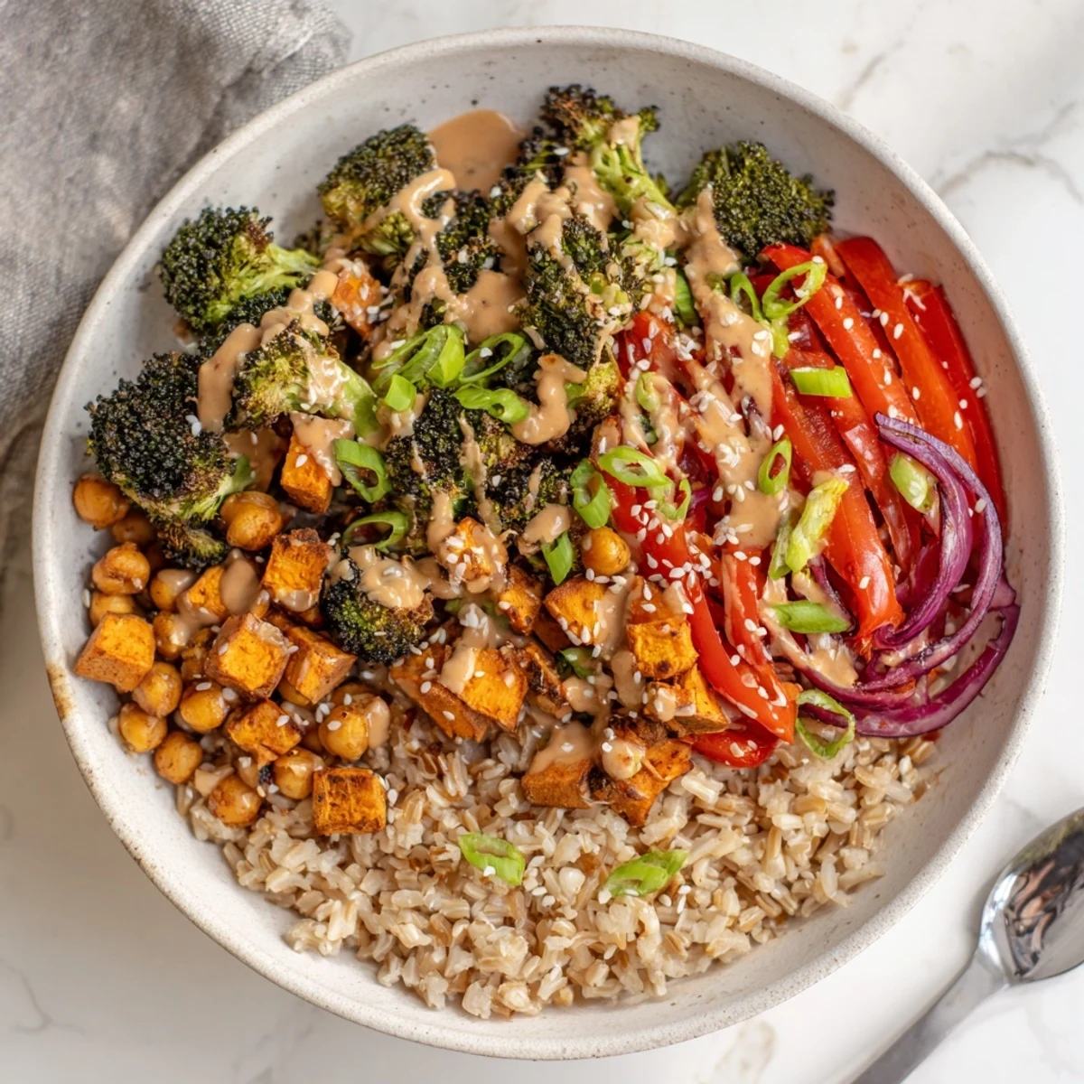 Colorful grain bowls featuring bold sauces and seasonal vegetables for a satisfying meal.  