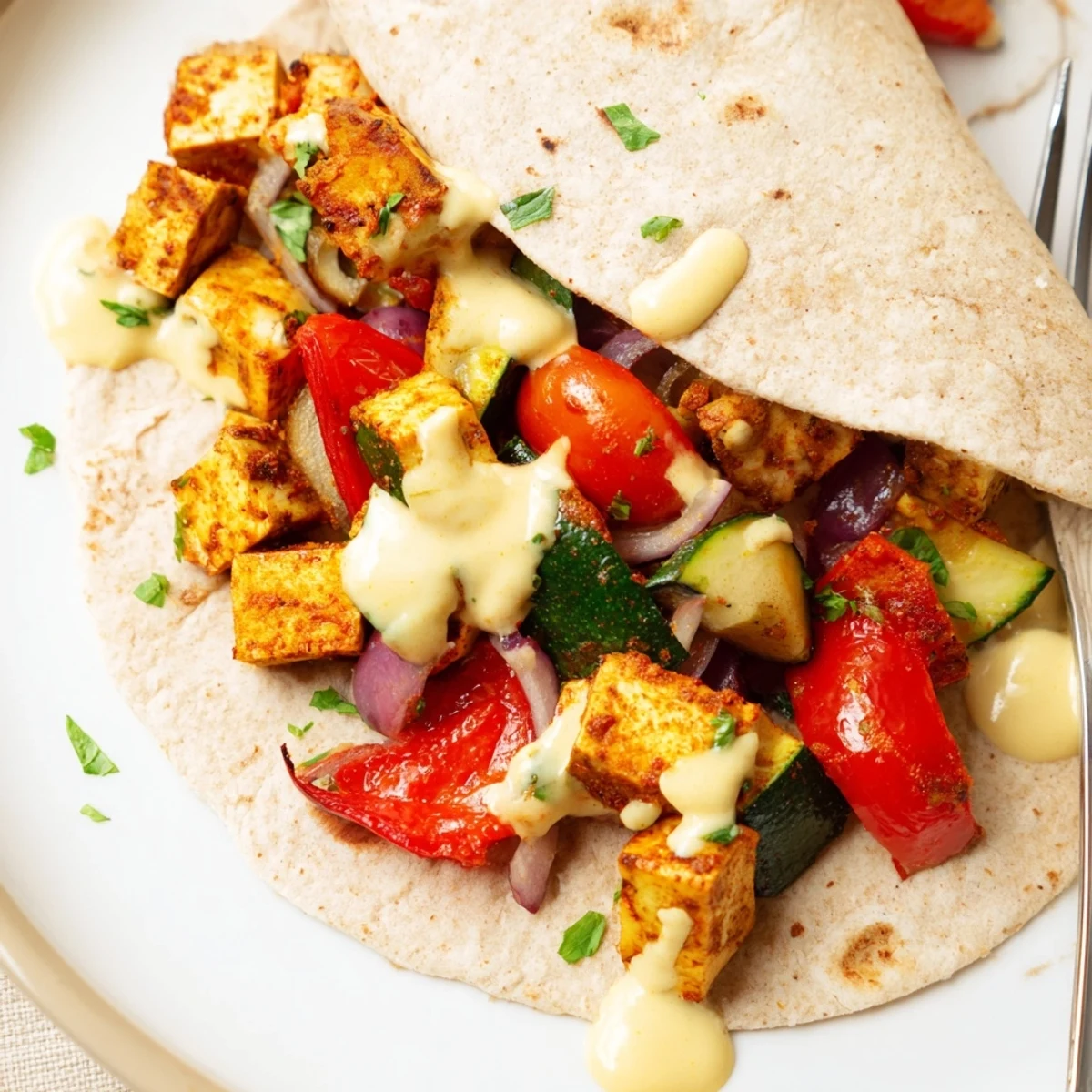 Vibrant Vegan Viral Recipe re-make featuring roasted tofu and colorful veggies in wraps.  