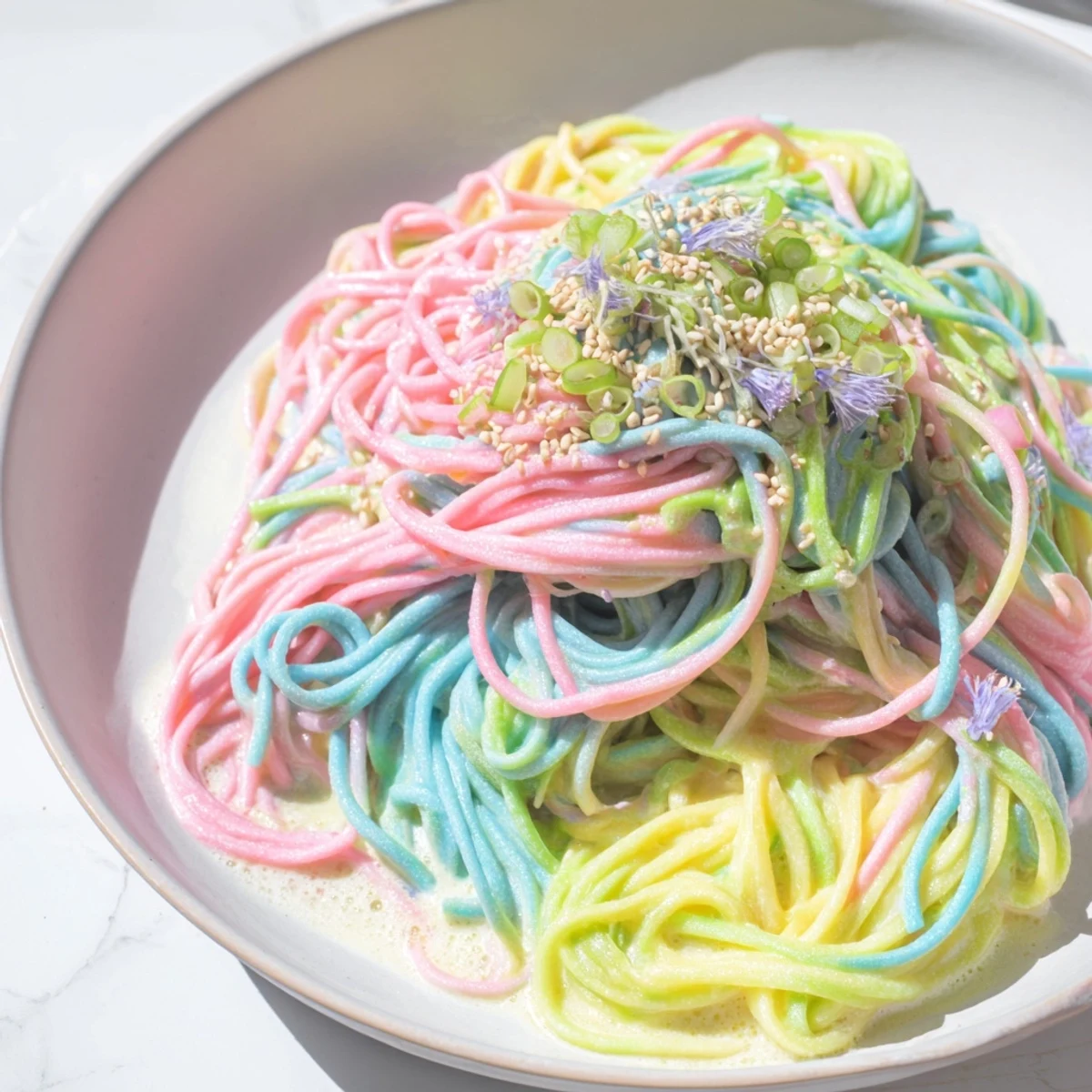Colorful Neon Noodle Cloud dish in creamy sauce garnished with vibrant scallions.  