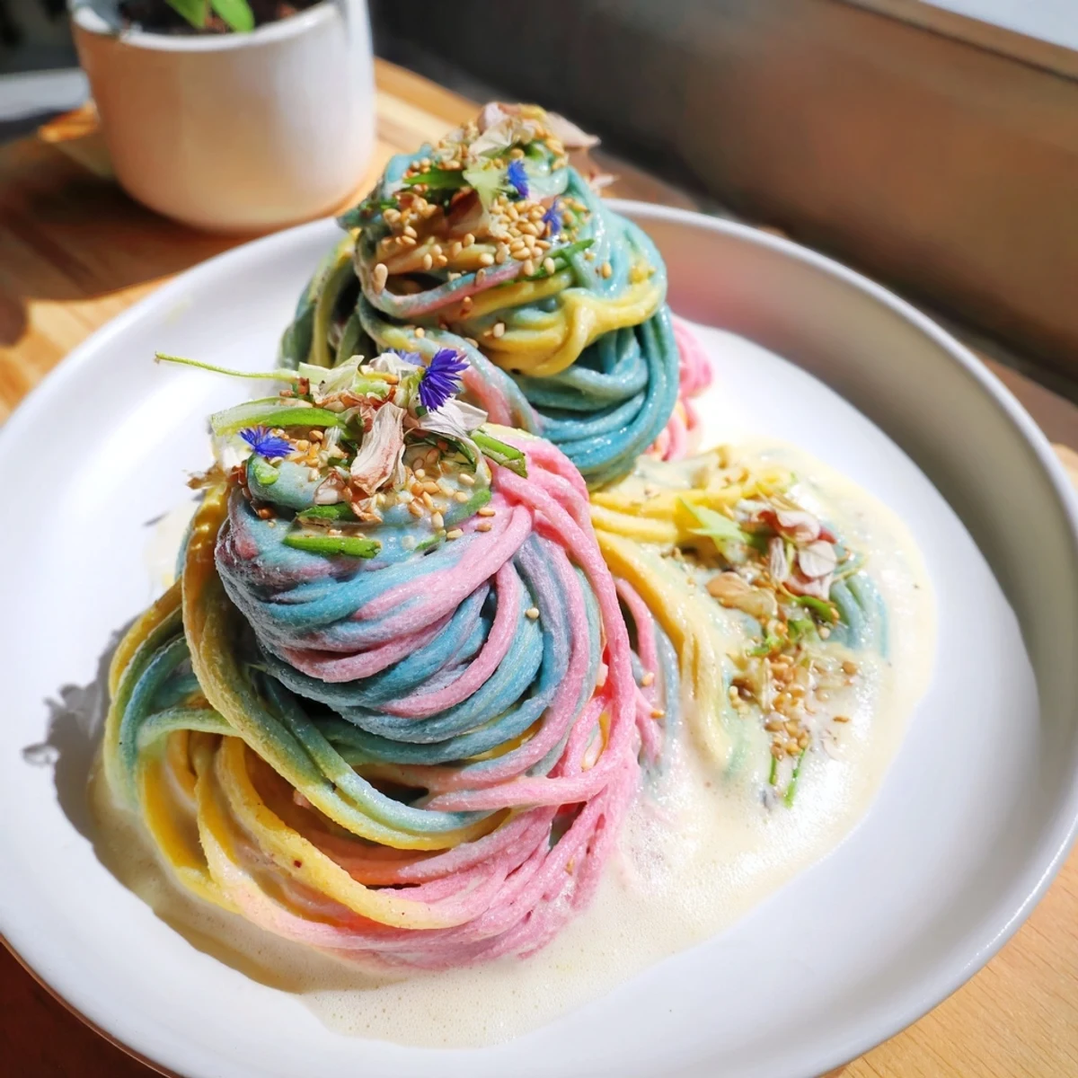 Delightful Neon Noodle Cloud on a plate, featuring vivid noodles and decorative toppings.