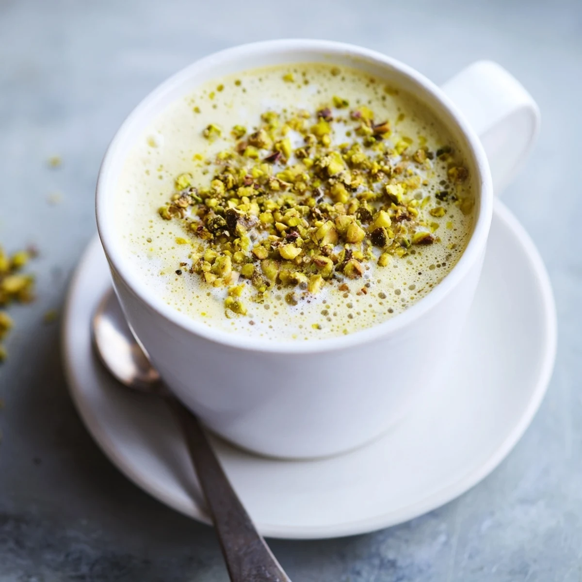 Delicious homemade pistachio milk latte, garnished with nuts for added texture.
