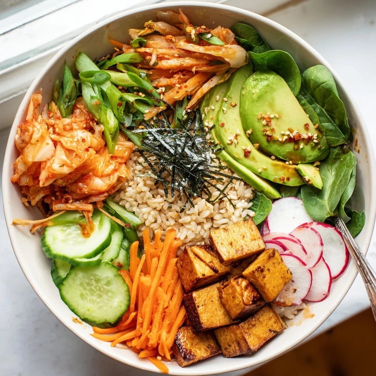 Colorful Fermented Vegetable Bowl filled with tangy kimchi, crisp veggies, and hearty grains.  