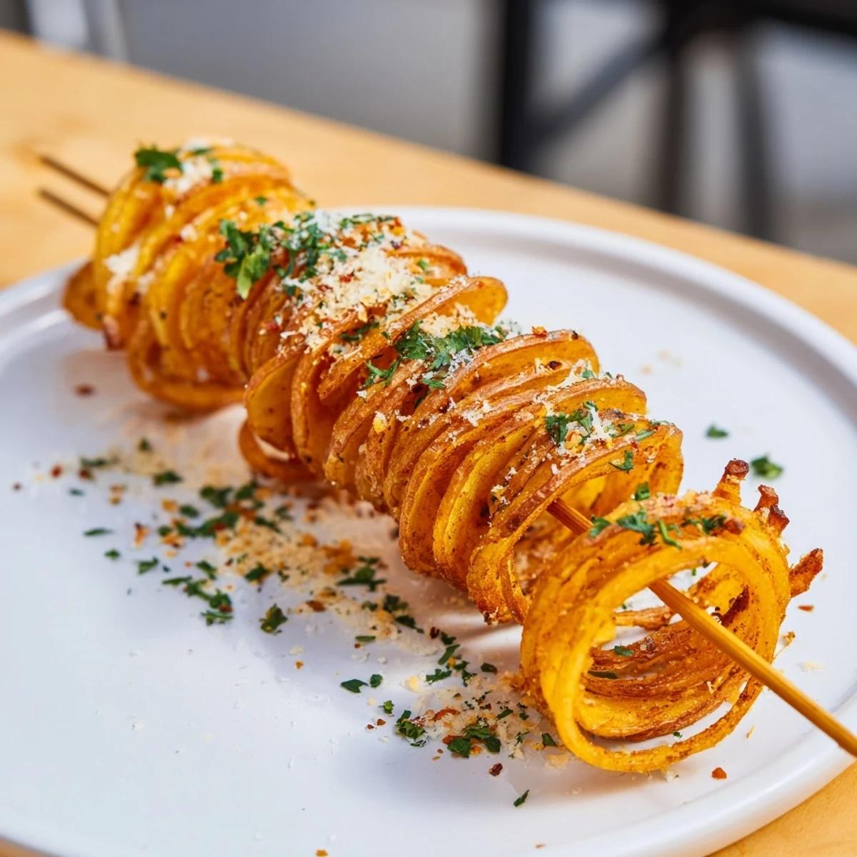 Golden brown spiral potatoes, seasoned with spices, perfect for snacks or sides.  